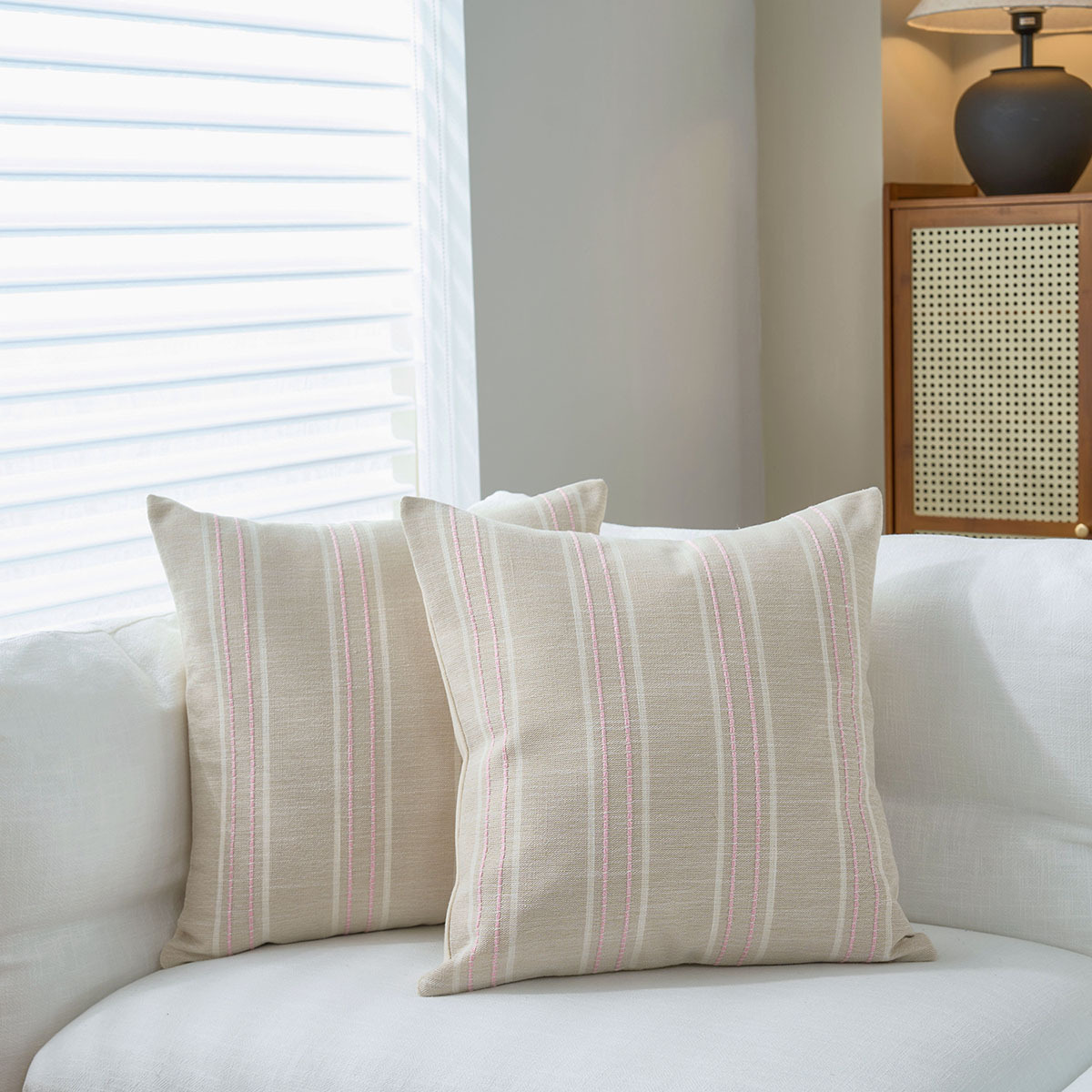Textured Vertical Striped Pillowcases - Scandinavian Home Decor Accents (Pink Stripes Pair - 45x45cm)