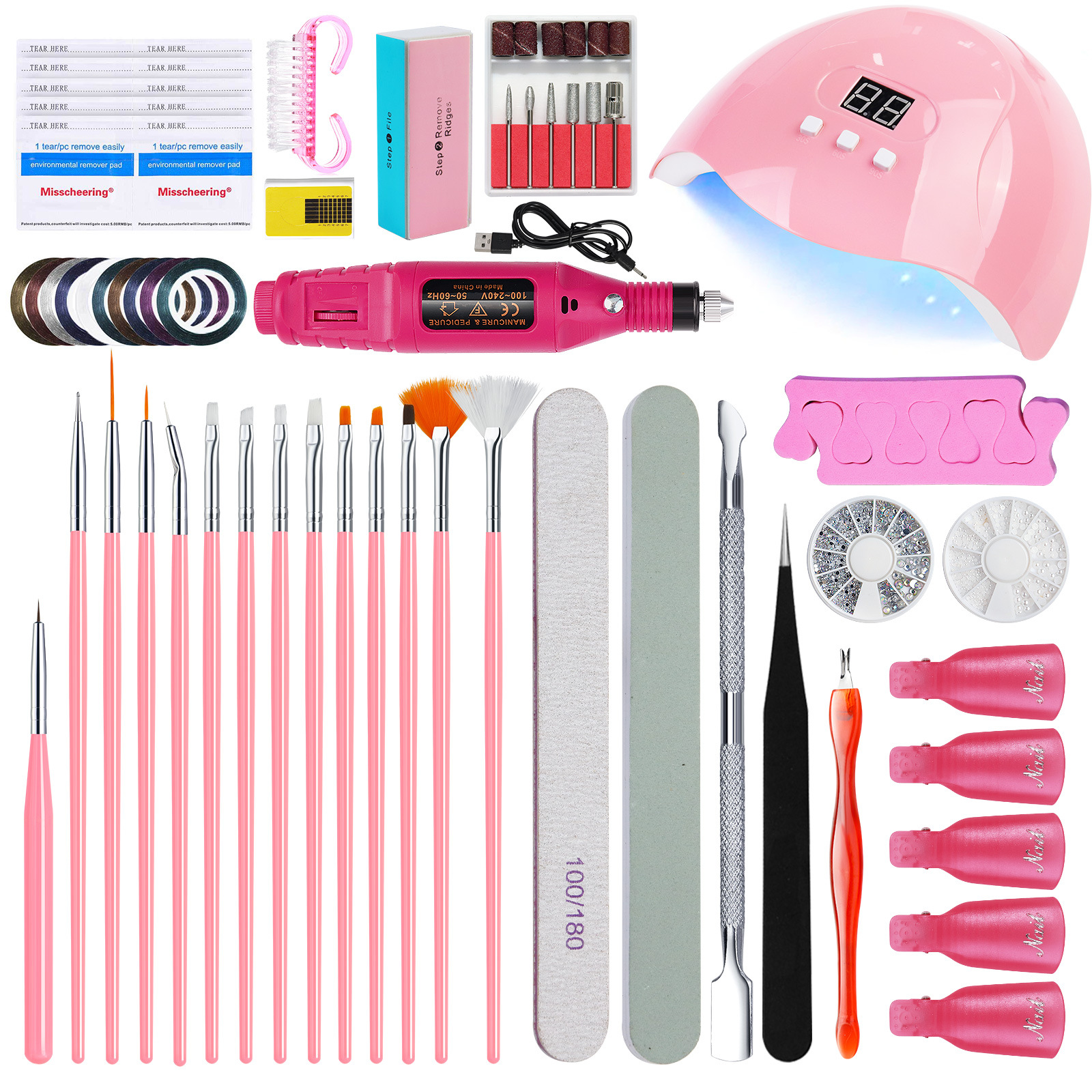 Complete Nail Art Manicure Kit - UV LED Lamp, Electric Drill, Brushes & Accessories