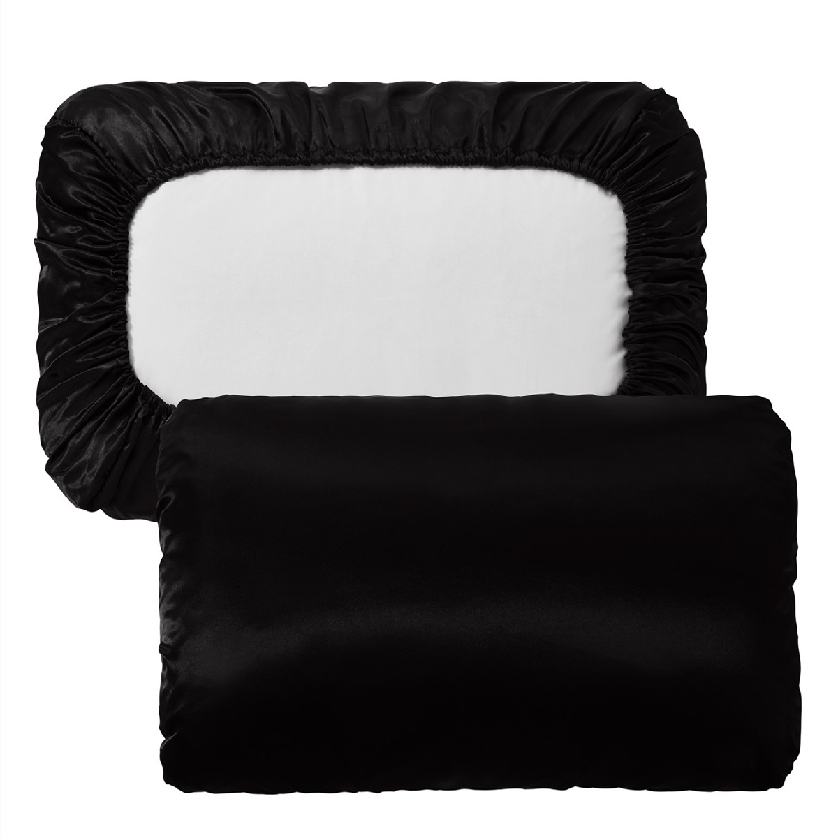 Black Silky Satin Pillowcase Pair - Smooth for Hair & Skin, Elastic Fitted (46x90+16cm)