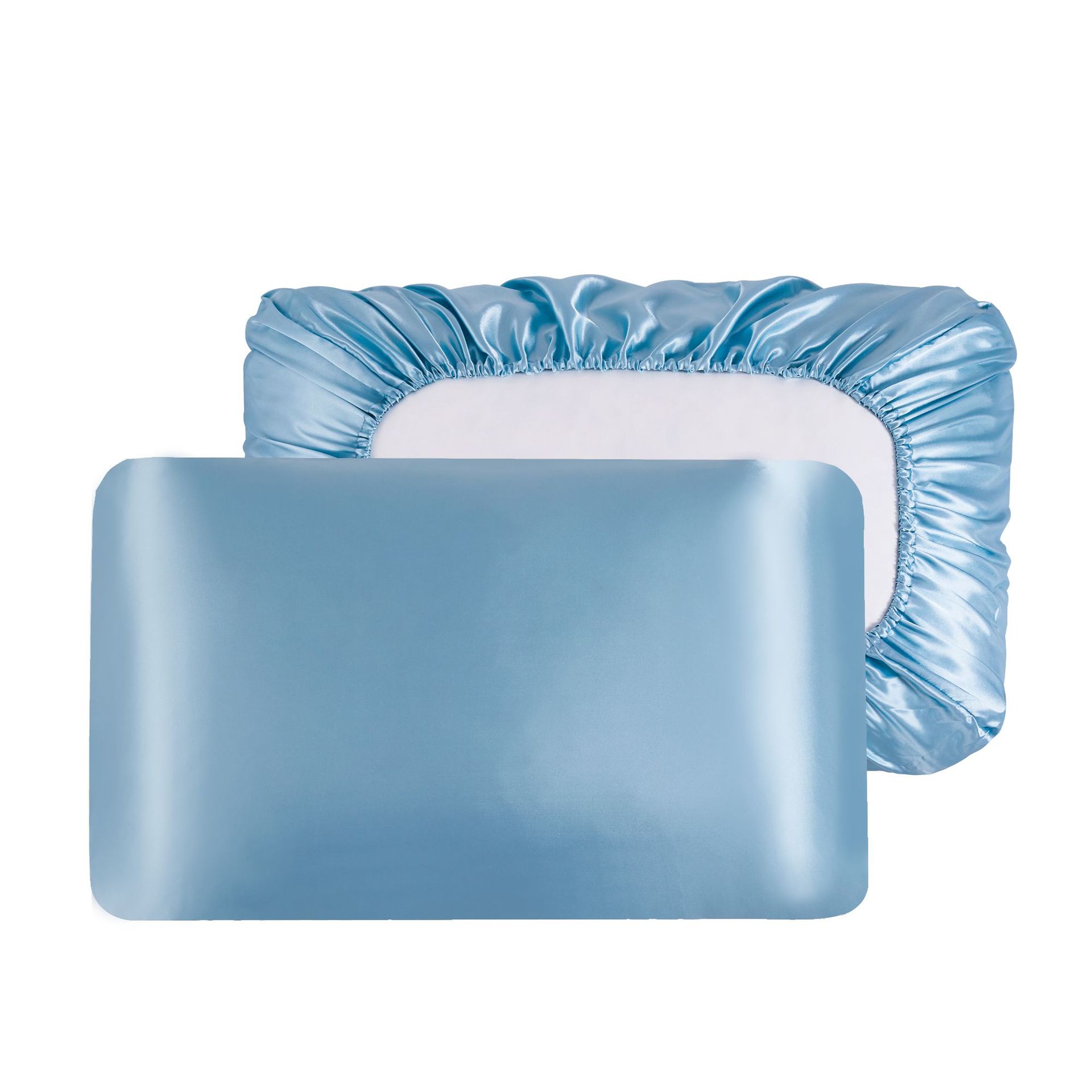 Sky Blue Silky Satin Pillowcase Pair - Smooth for Hair & Skin, Elastic Fitted (46x90+16cm)