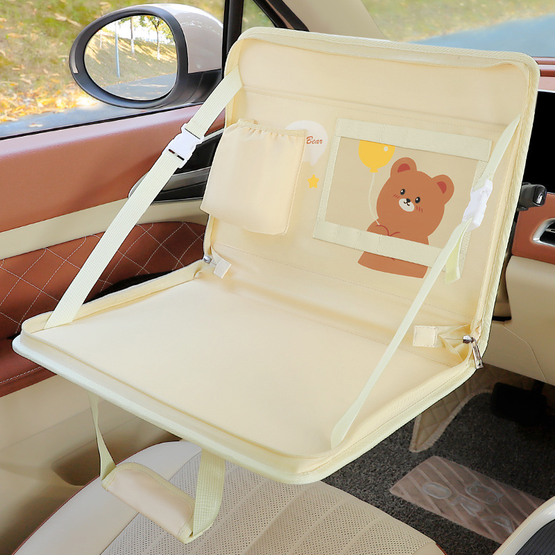 Yellow Foldable Car Back Seat Organizer Tray - PU Leather Travel Desk with Tablet Holder