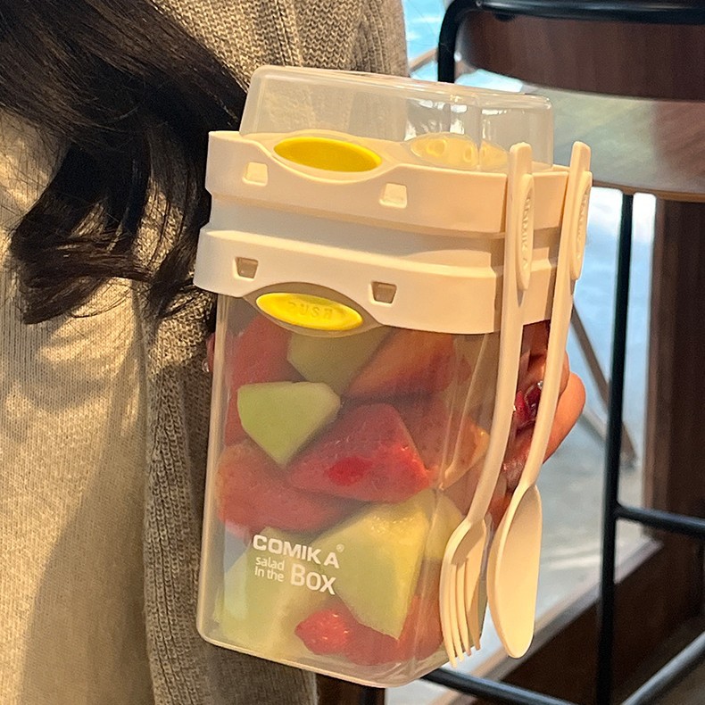 White Portable Salad & Breakfast Cup On-the-Go - Dual Compartment Container with Spork