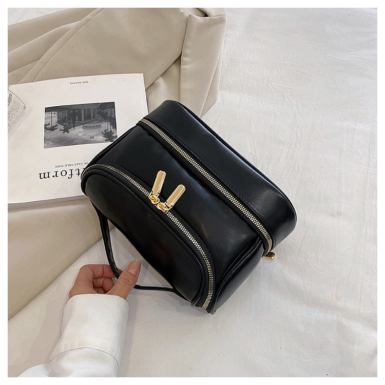 Black Large Capacity Double Layer PU Leather Makeup Bag - Portable Travel Cosmetic Organizer Case