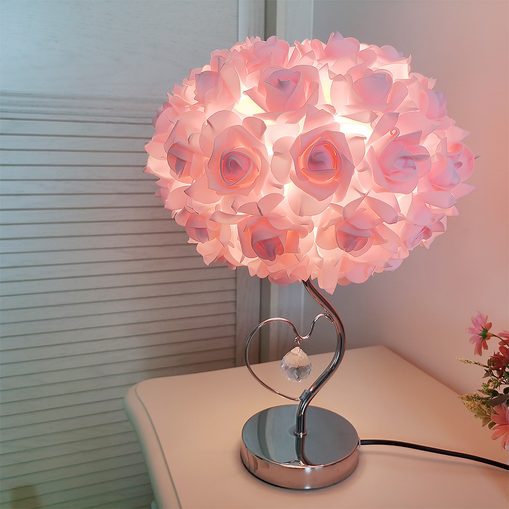 Pink Roses And Silver Base Romantic Red Rose Flower Table Lamp - Crystal Heart Accent Bedside Night Light