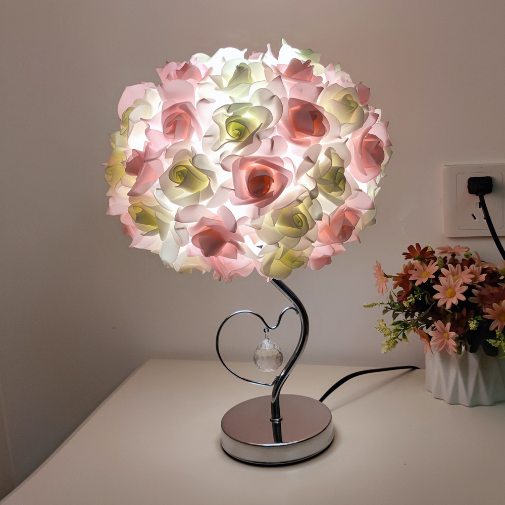 Pink,Green Roses And Silver Base Romantic Red Rose Flower Table Lamp - Crystal Heart Accent Bedside Night Light