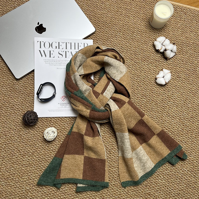 Brown,Khaki And Green Unisex Retro Checkered Knit Scarf - Soft Thick Winter Shawl Wrap