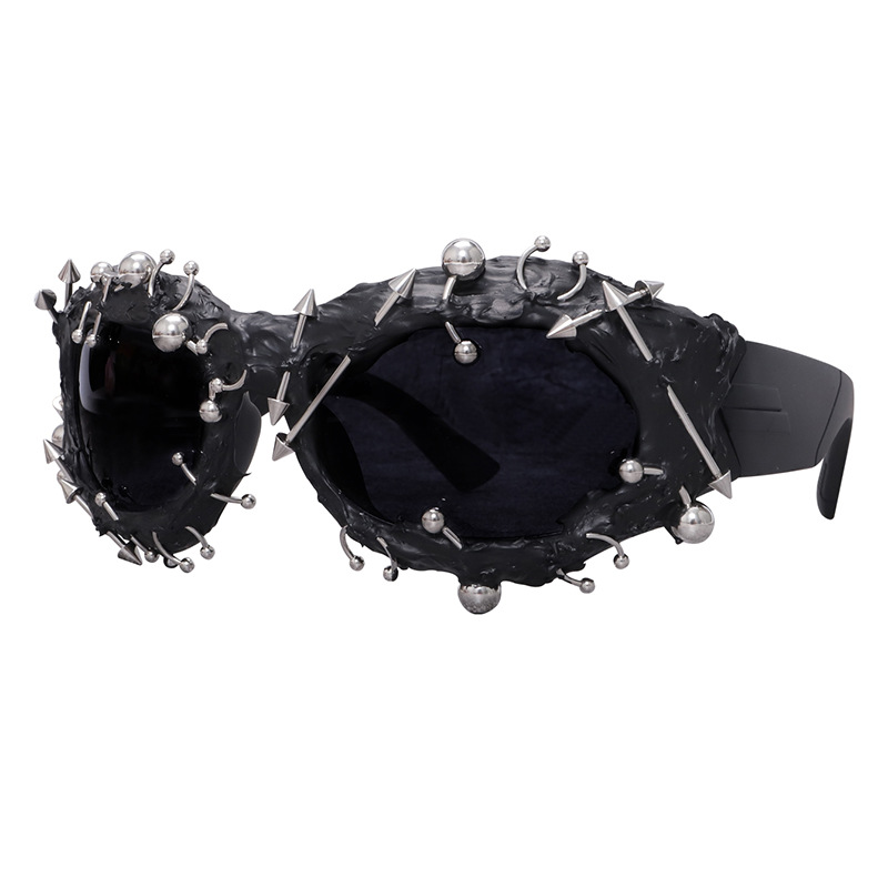 Black Edgy Punk Rock Spiked Sunglasses - Statement Goth Studded Eyewear