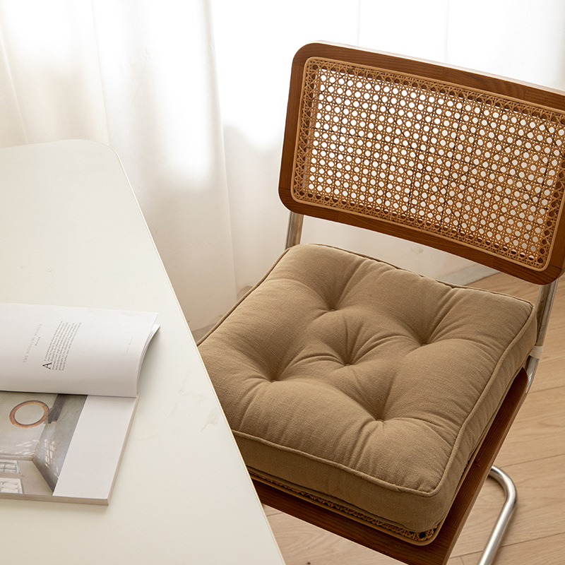 Brown Soft And Thick Seat Cushion - Cotton Linen Blend Chair Pad with Ties - 43x43cm