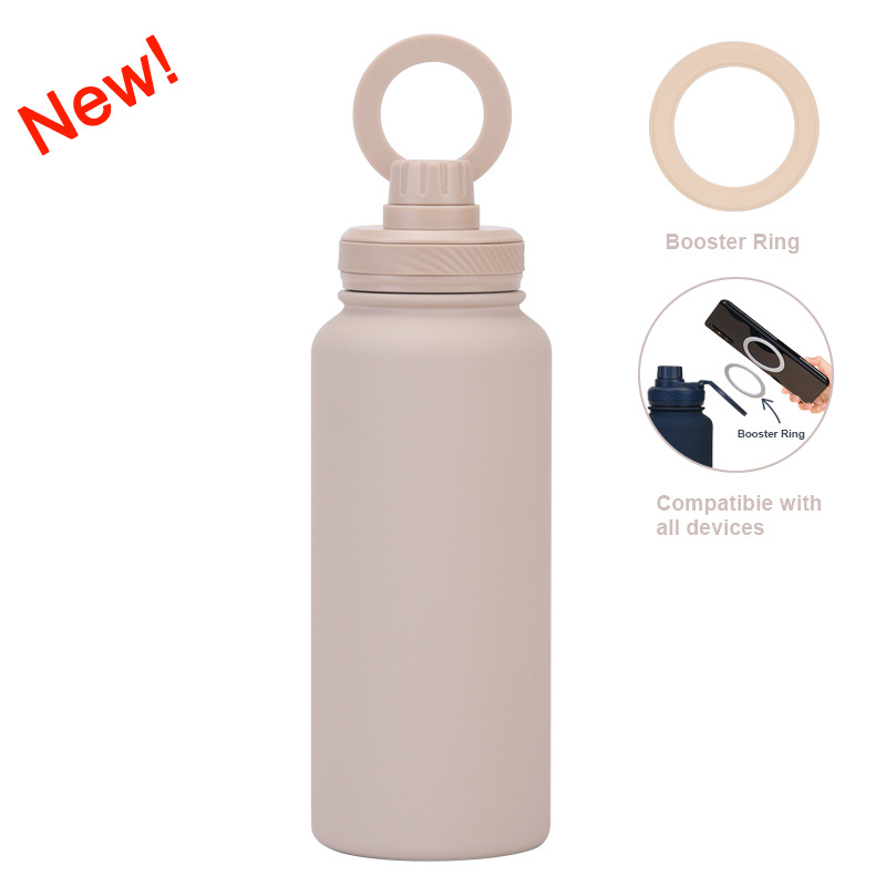 Beige 1L Stainless Steel Water Bottle with Magnetic Phone Holder Lid - Portable Hydration & Hands-Free Stand