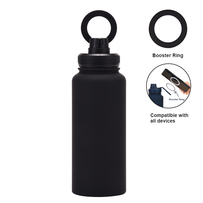 Black 1L Stainless Steel Water Bottle with Magnetic Phone Holder Lid - Portable Hydration & Hands-Free Stand