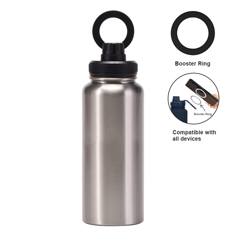 Silver and Black 1L Stainless Steel Water Bottle with Magnetic Phone Holder Lid - Portable Hydration & Hands-Free Stand