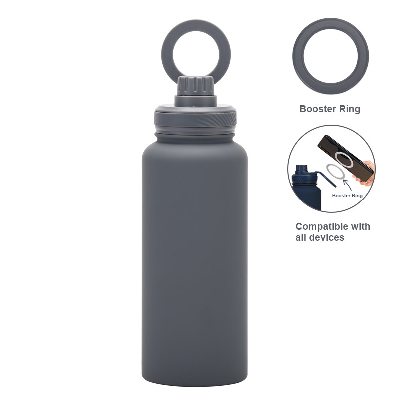 Grey 1L Stainless Steel Water Bottle with Magnetic Phone Holder Lid - Portable Hydration & Hands-Free Stand