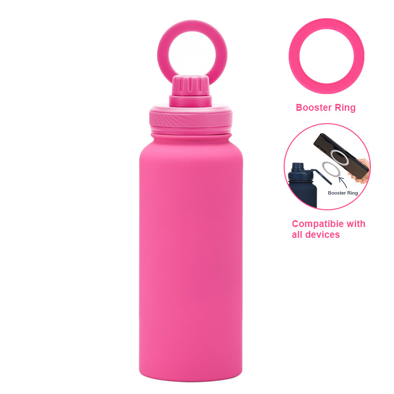 Rose Red 1L Stainless Steel Water Bottle with Magnetic Phone Holder Lid - Portable Hydration & Hands-Free Stand