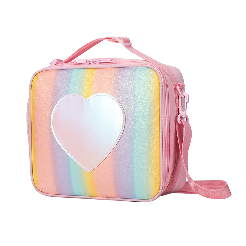 Pink Sparkling Rainbow Heart Insulated Lunch Bag for Kids - Portable School Lunch Box with Shoulder Strap