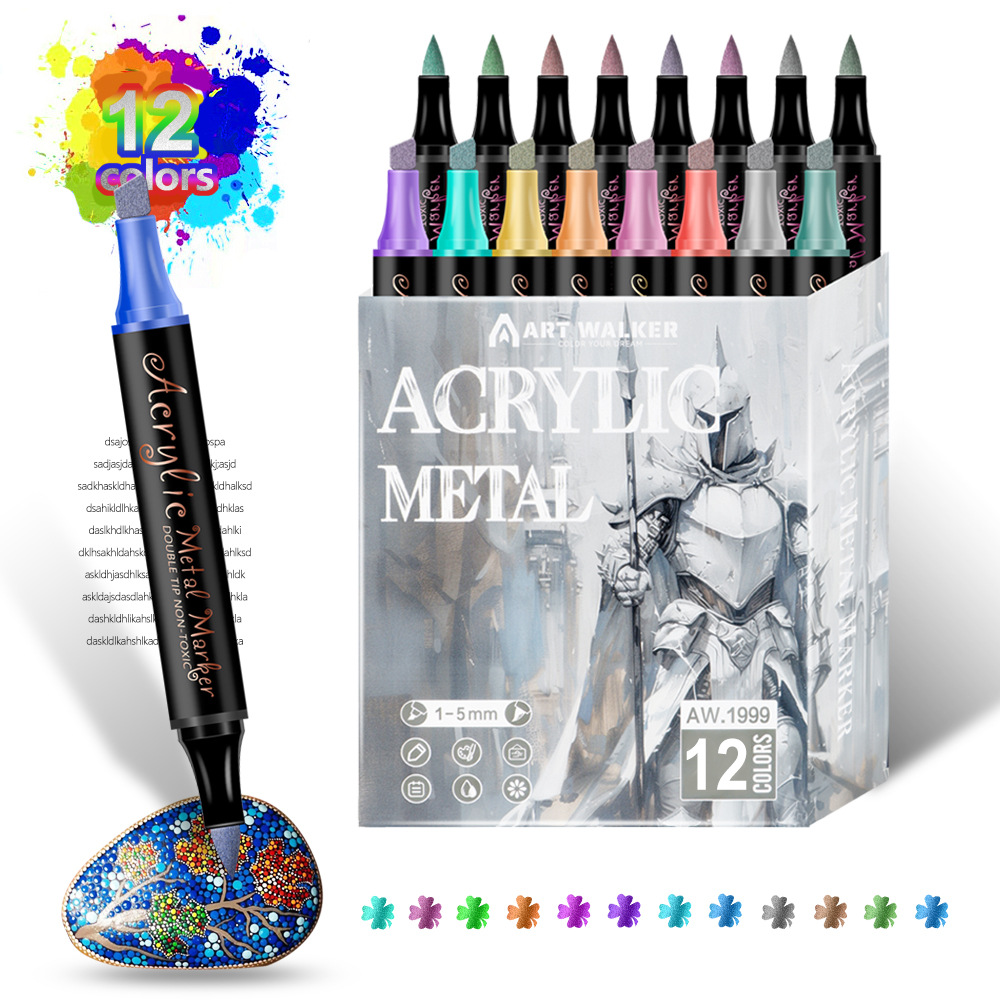 Colorful 12 Colors Dual Tip Metallic Acrylic Paint Pens - Fine Point & Chisel Tip Art Markers for Rock Painting, Crafts, Card Making, Glass