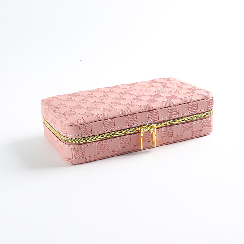 Pink Stylish PU Leather Travel Jewellery Box - Compact Organizer for Rings, Earrings, Necklaces with Mirror