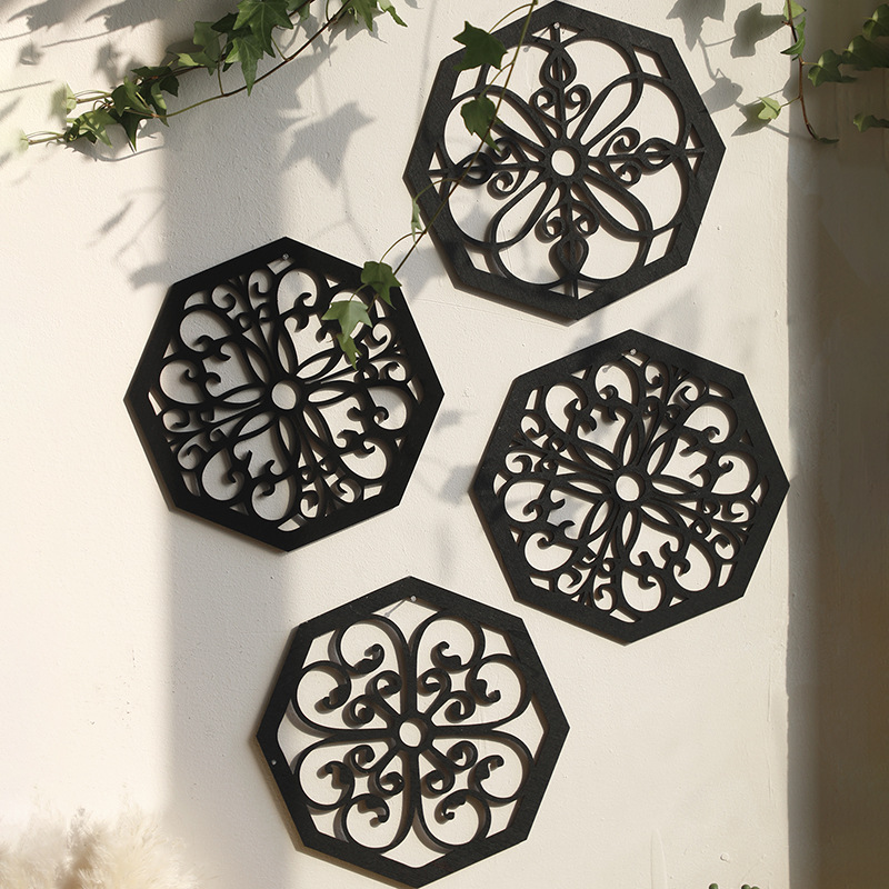 Black Set of 4 Intricate Wooden Octagonal Wall Art - European Style Mandala Decor Plaques