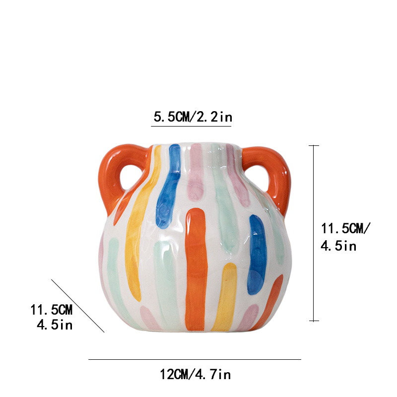 Colorful Artistic Hand-Painted Ceramic Vase - Dual Handle Pot Style - Colourful Striped Home Decor Accent