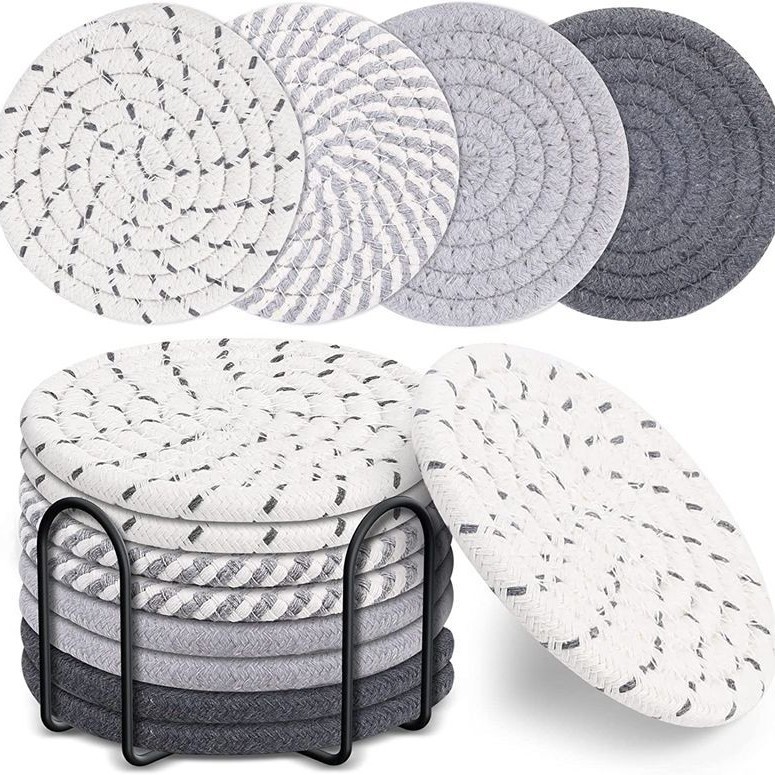 Grey Absorbent Woven Cotton Coasters - Set of 8 with Metal Holder - Heat Resistant Drink Mats for Table Protection