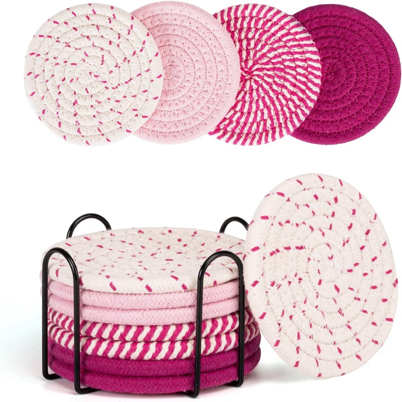 Beige and Pink Absorbent Woven Cotton Coasters - Set of 8 with Metal Holder - Heat Resistant Drink Mats for Table Protection