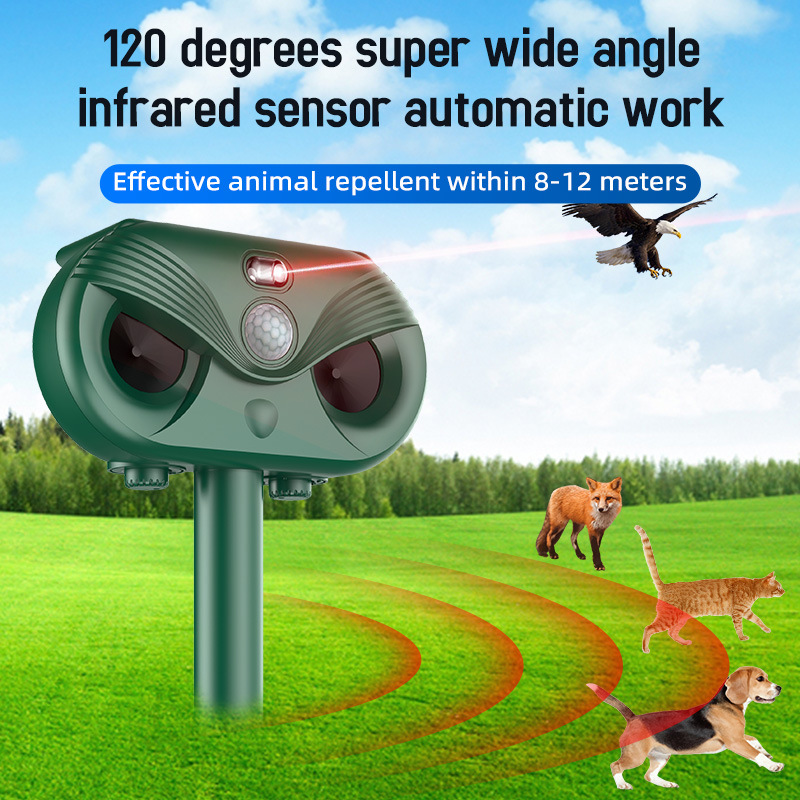 Green Advanced Solar Powered Ultrasonic Animal Repeller - Outdoor Pest Deterrent with Motion Sensor, Strobe Light & Laser