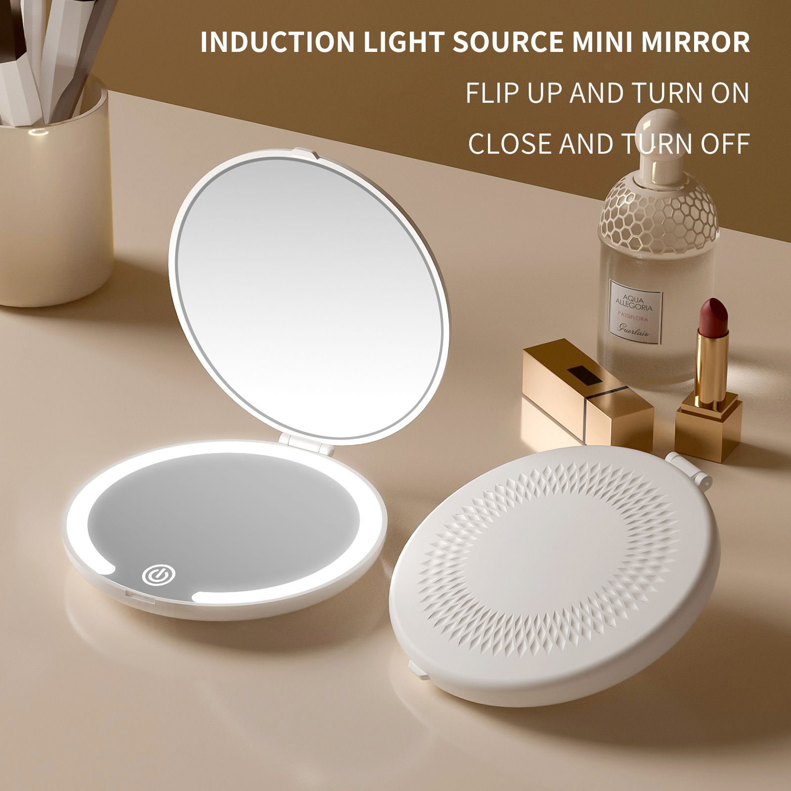 White LED Travel Makeup Mirror - Rechargeable Compact Mirror with 3 Color Lights, 1x/5x Magnification & Smart Auto On/Off