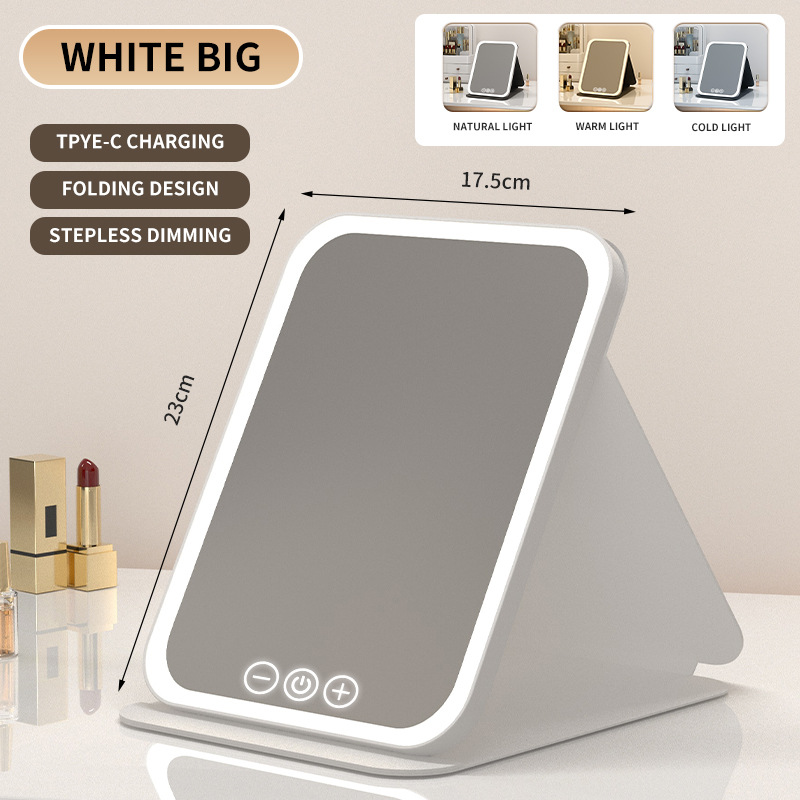 White Large Foldable LED Makeup Mirror - Portable Desktop Vanity with 3 Color Lights, Stepless Dimming & Adjustable Stand