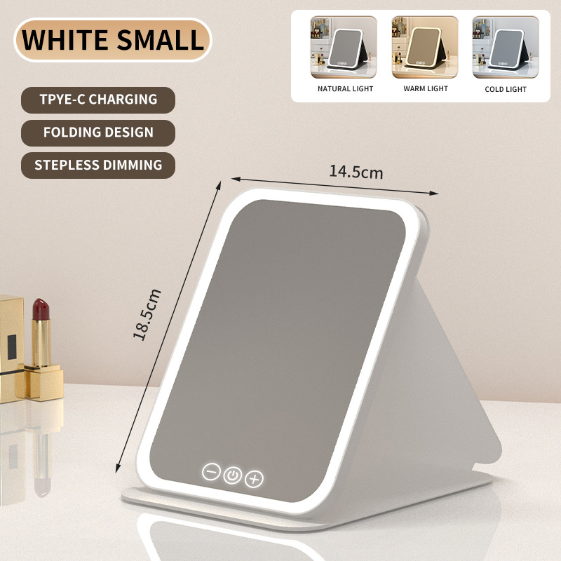 White Small Foldable LED Makeup Mirror - Portable Desktop Vanity with 3 Color Lights, Stepless Dimming & Adjustable Stand