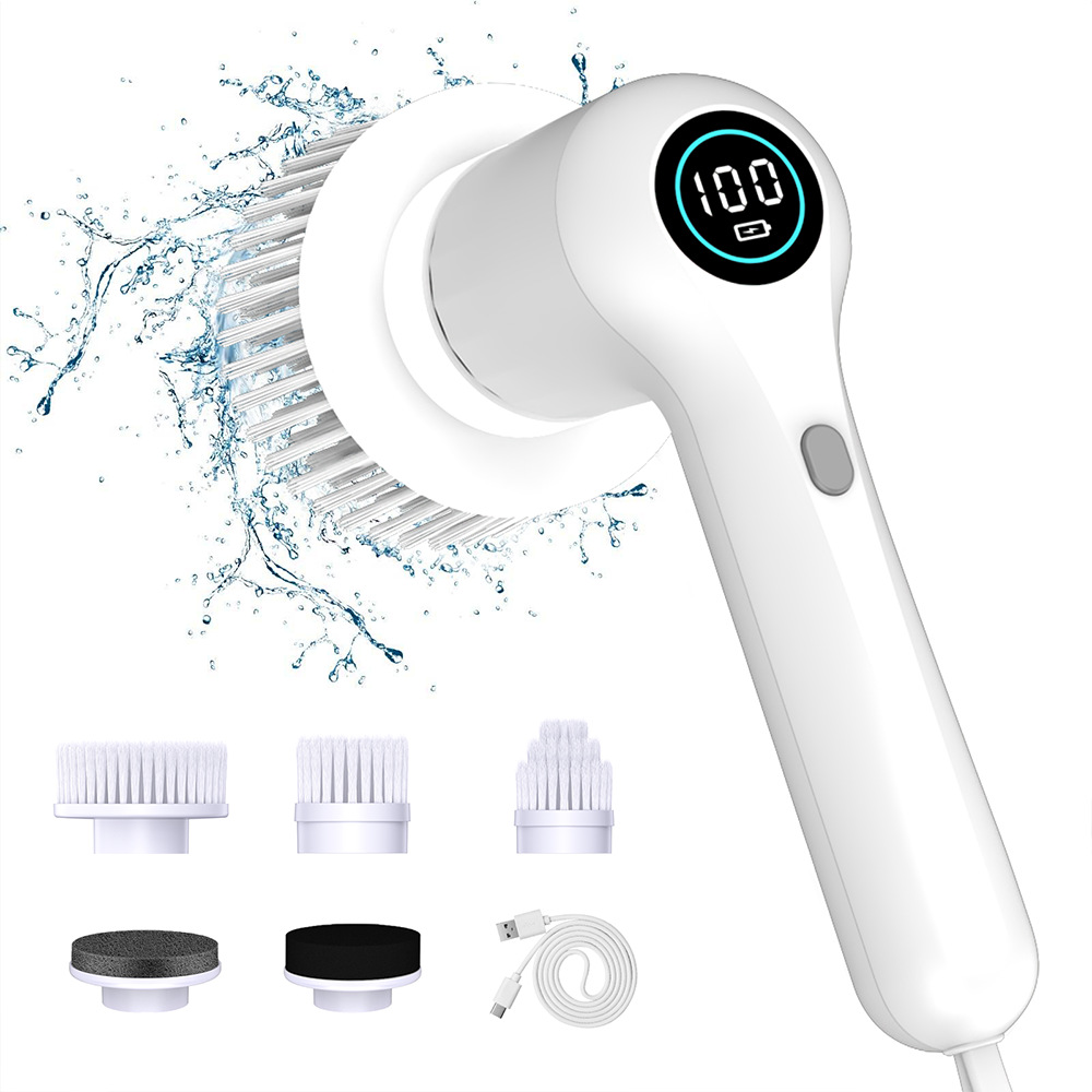 White Rechargeable Electric Spin Scrubber - Waterproof Power Cleaning Brush with 5 Heads & Digital Display for Bathroom, Kitchen & More