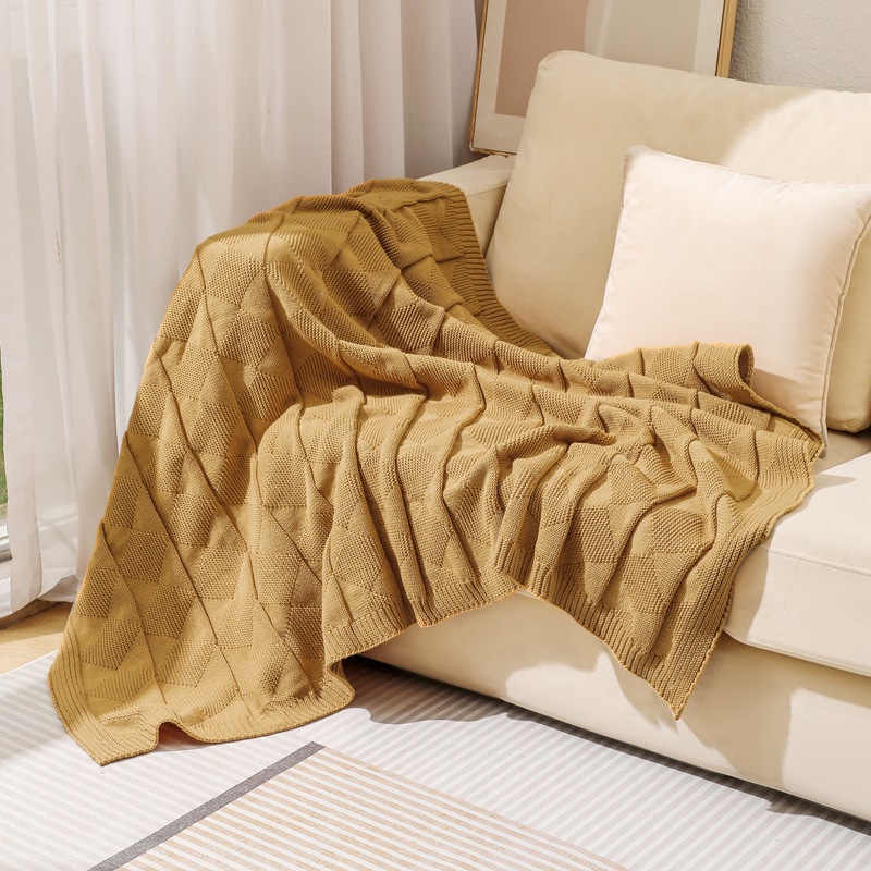 Khaki Cozy Lightweight Acrylic Knit Throw Blanket - Diamond Waffle Texture for Sofa, Bed & Travel