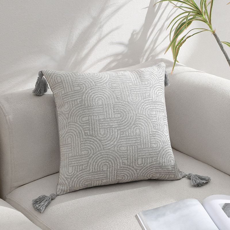 Grey Chic Geometric Jacquard Cushion Covers with Tassels - Set of 2, Plush Blend for Sofa & Bed Decor (45x45cm, Insert Not Included)