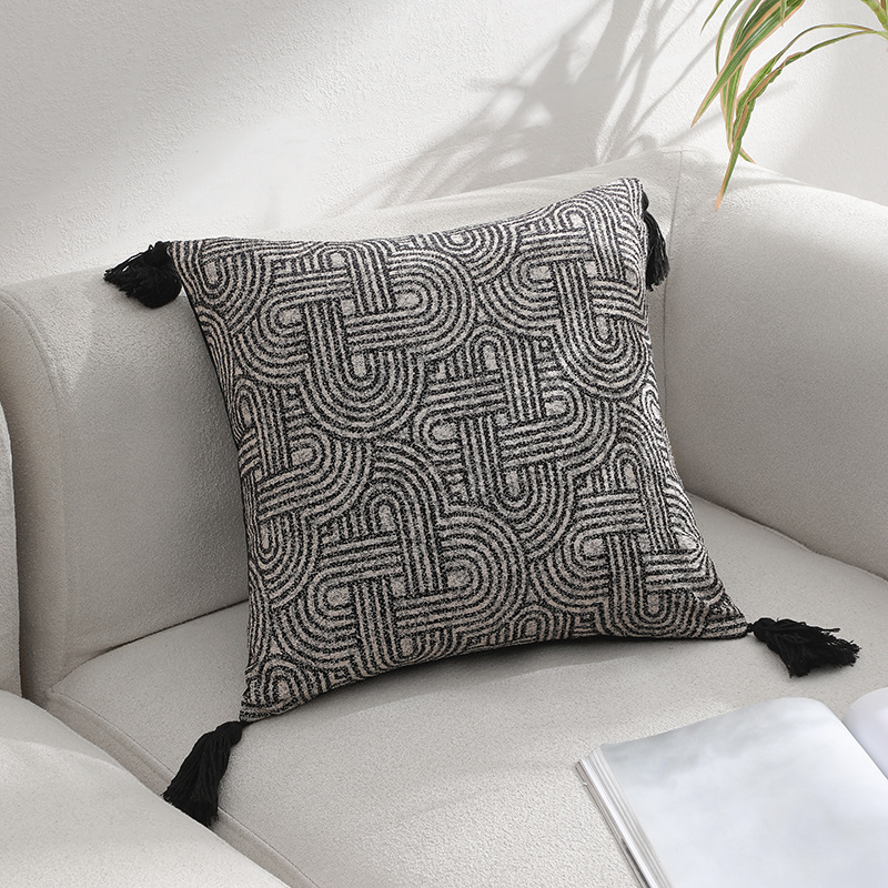 Black Chic Geometric Jacquard Cushion Covers with Tassels - Set of 2, Plush Blend for Sofa & Bed Decor (45x45cm, Insert Not Included)
