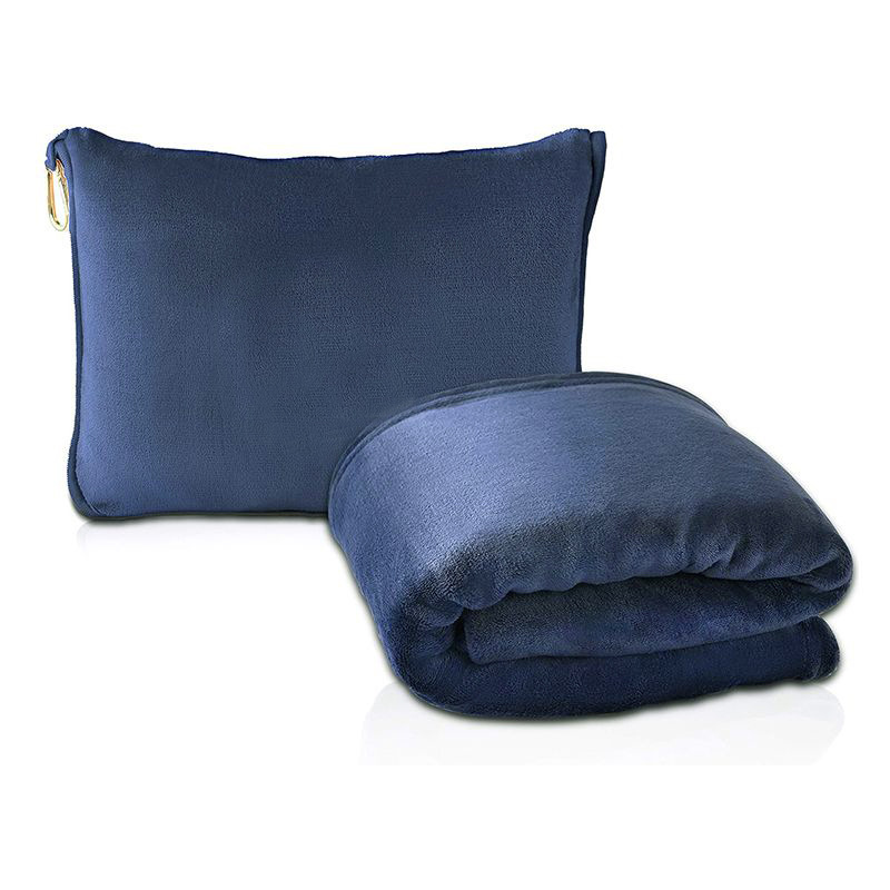 Dark Blue 2-in-1 Plush Travel Blanket & Pillow Set - Soft Flannel with Luggage Strap & Carabiner (50x60in)