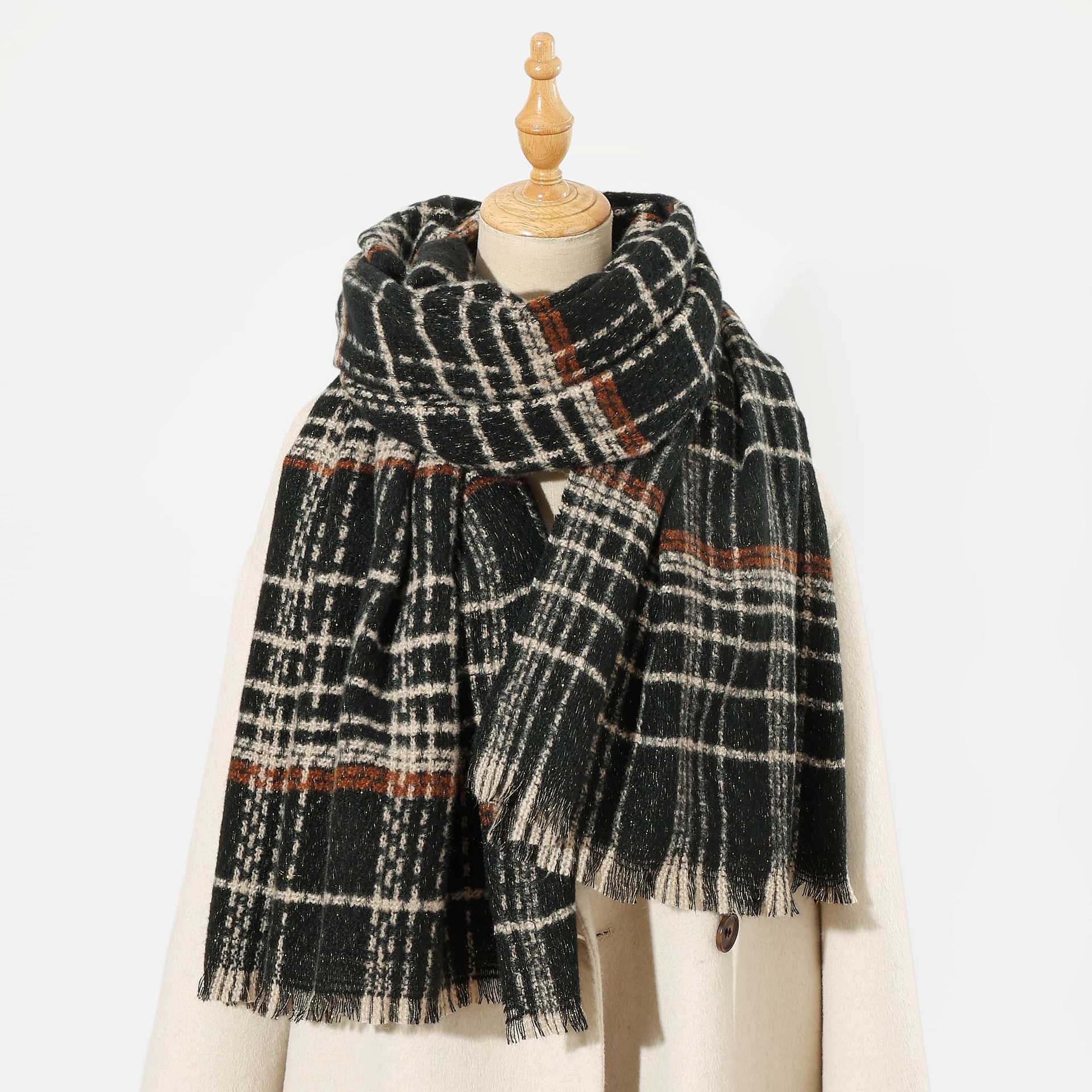 Black Chic Plaid Winter Scarf - Large Soft Polyester Shawl Wrap with Tassels, Korean Inspired Fashion