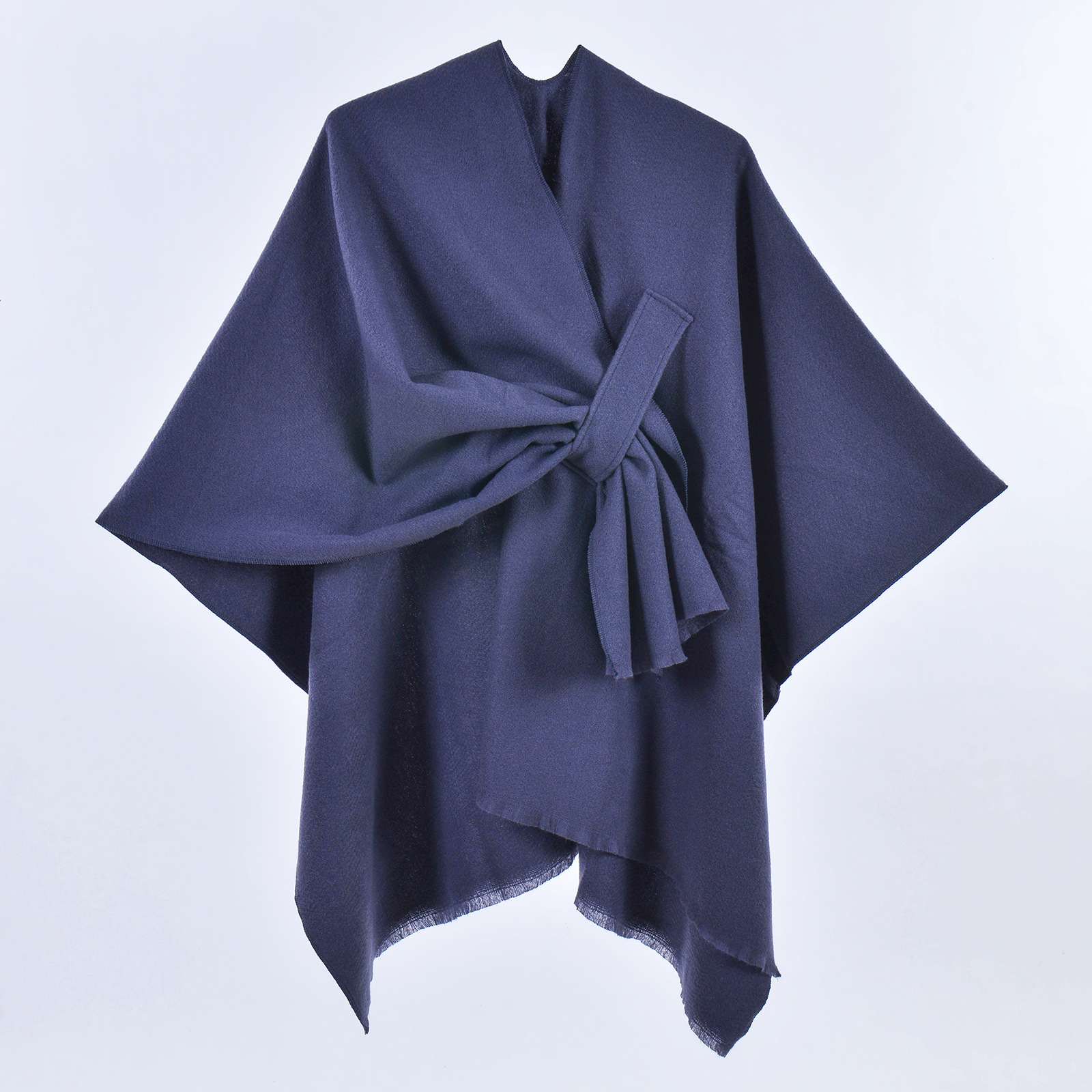 Dark Blue Elegant Soft Knit Poncho Cape - Warm Autumn Winter Shawl Wrap with Side Tie, Thick & Luxurious Feel