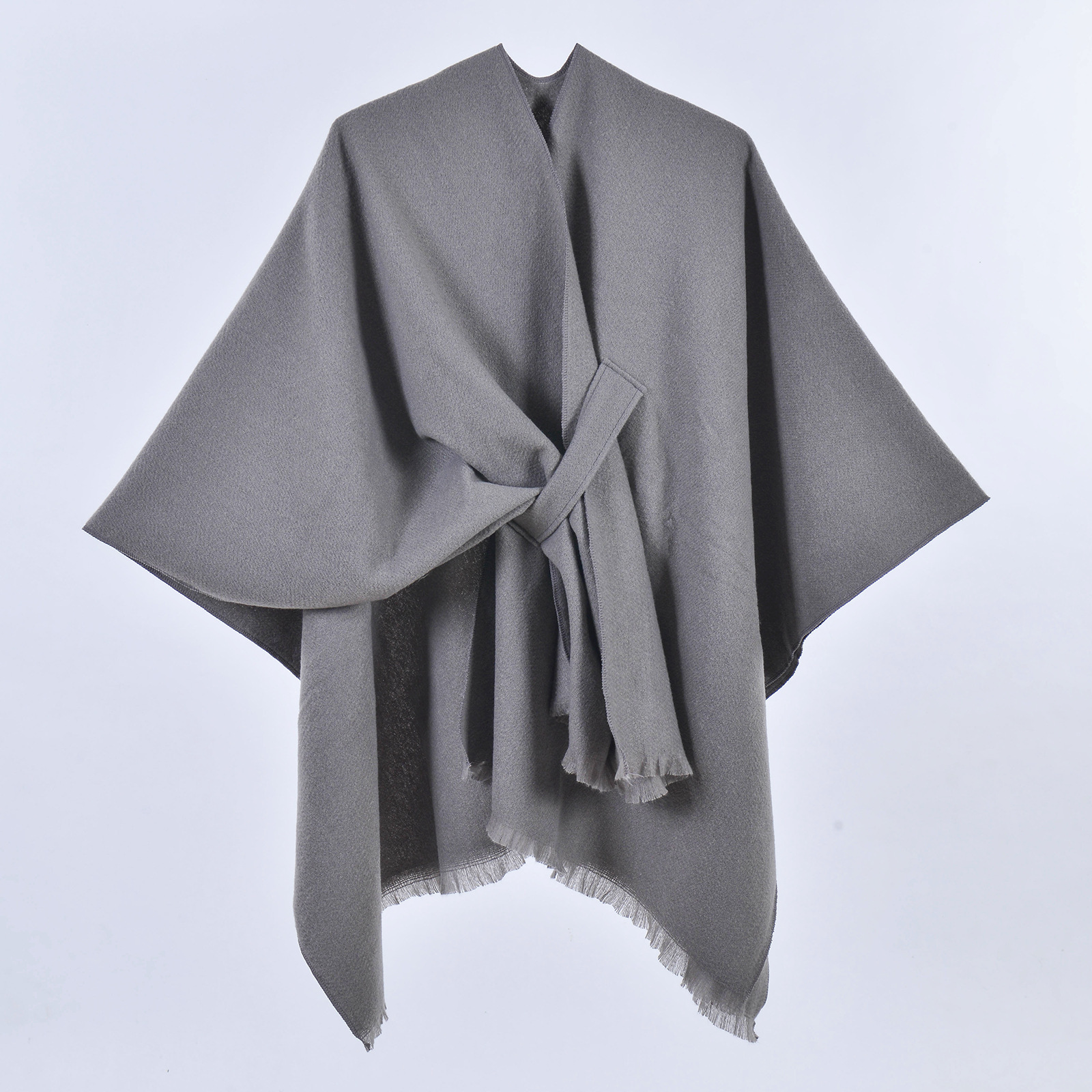Grey Elegant Soft Knit Poncho Cape - Warm Autumn Winter Shawl Wrap with Side Tie, Thick & Luxurious Feel