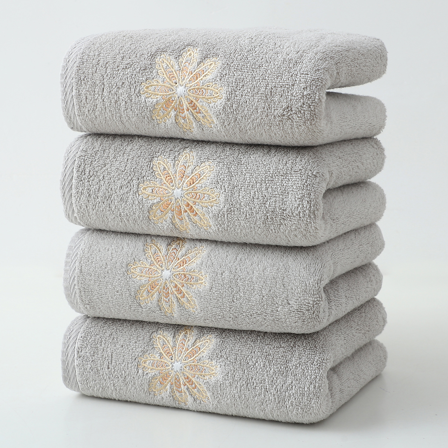 Grey 4-Pack Elegant Glod Floral Embroidered Cotton Hand Towels - Ultra Soft & Absorbent