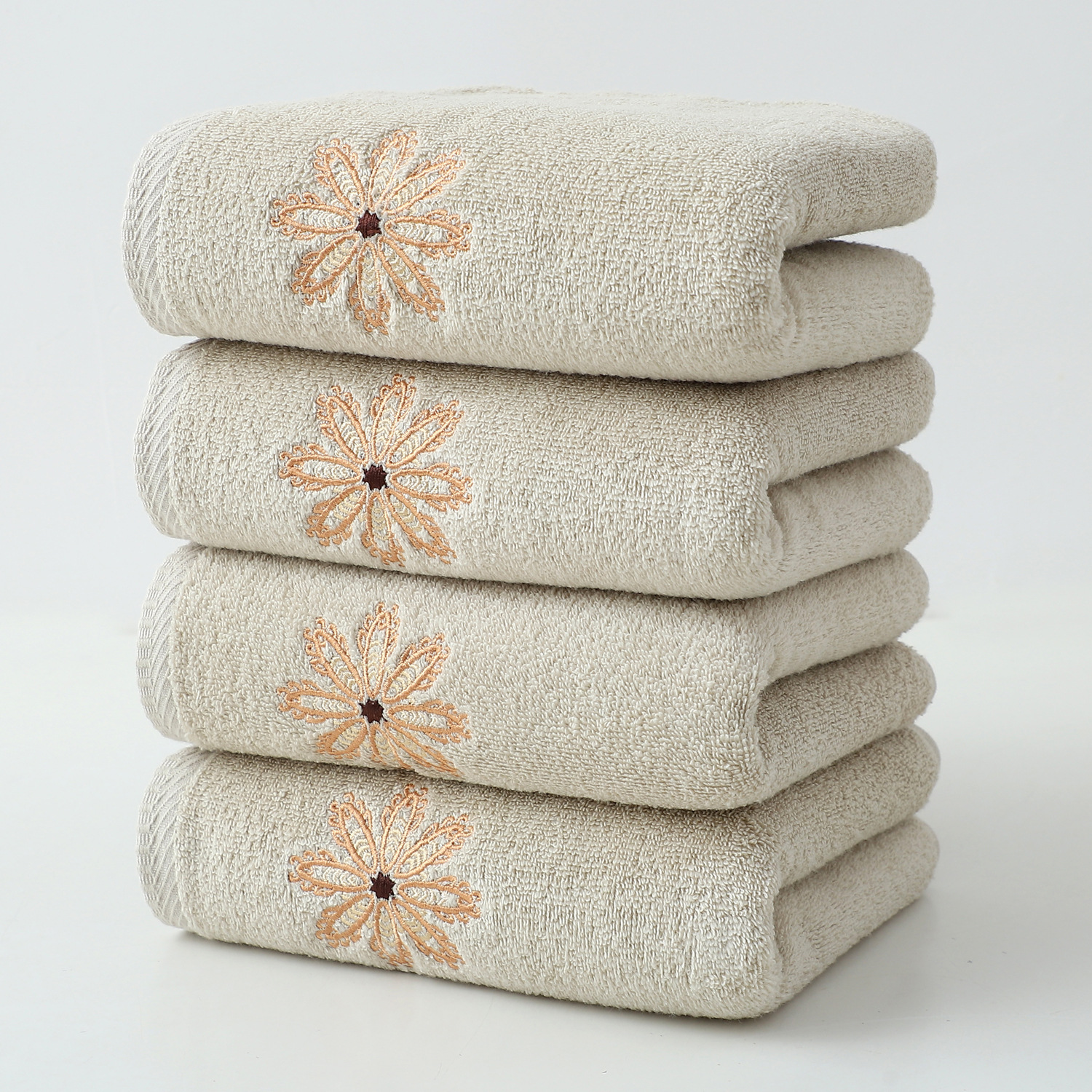 Beige 4-Pack Elegant Orange Floral Embroidered Cotton Hand Towels - Ultra Soft & Absorbent