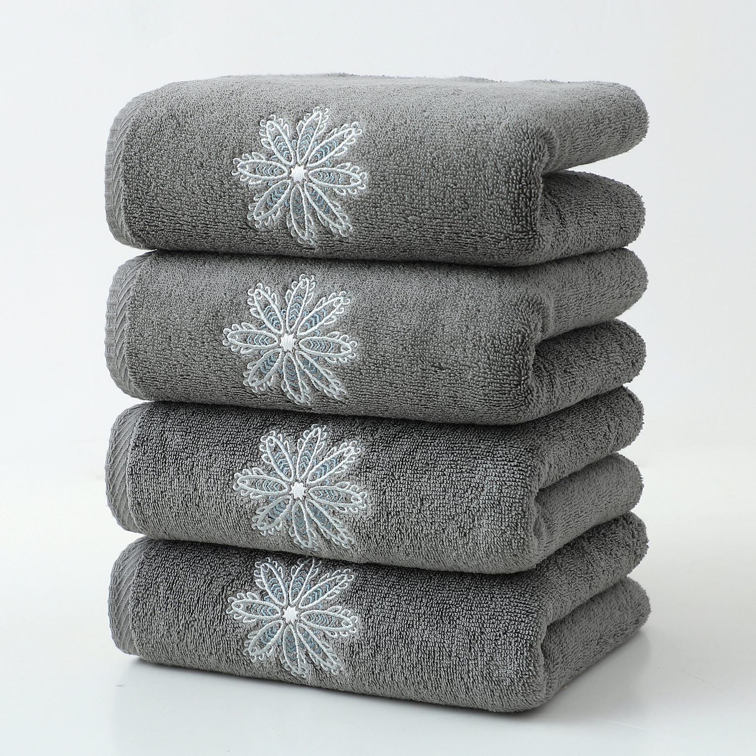 Dark Grey 4-Pack Elegant Blue Floral Embroidered Cotton Hand Towels - Ultra Soft & Absorbent
