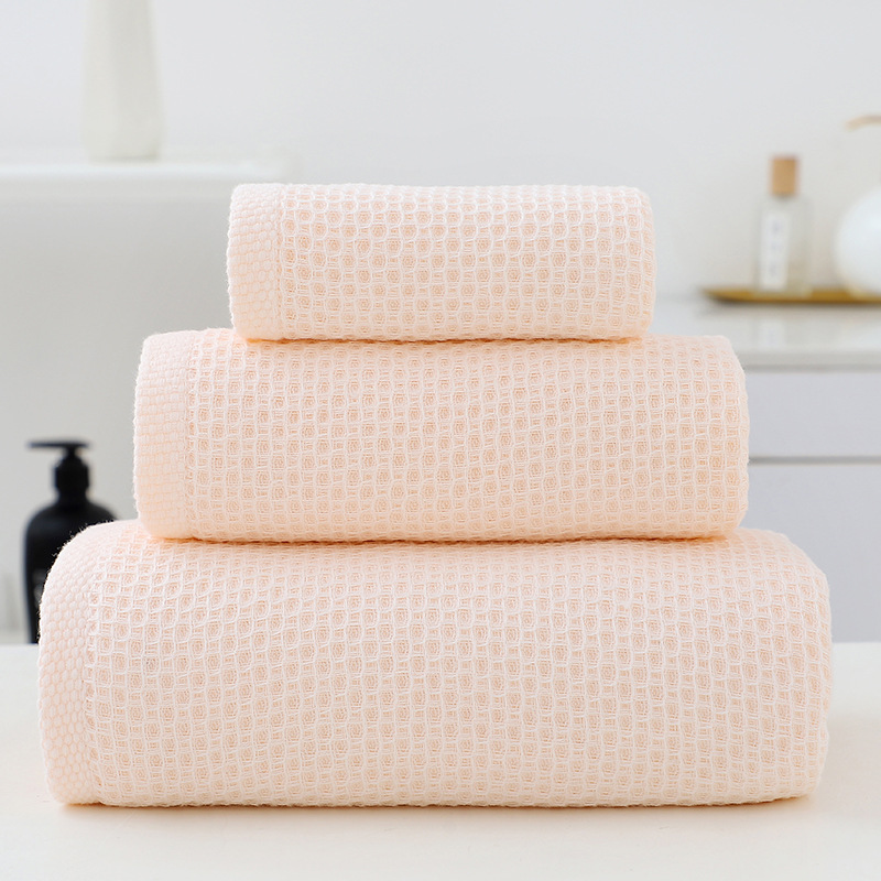 Light Pink Premium 3-Piece Waffle Weave Cotton Towel Set - Lightweight, Quick-Dry & Absorbent - Bath, Hand, Face Cloth