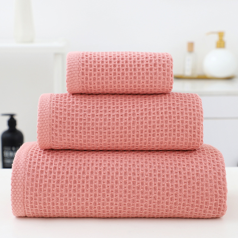 Pink Premium 3-Piece Waffle Weave Cotton Towel Set - Lightweight, Quick-Dry & Absorbent - Bath, Hand, Face Cloth