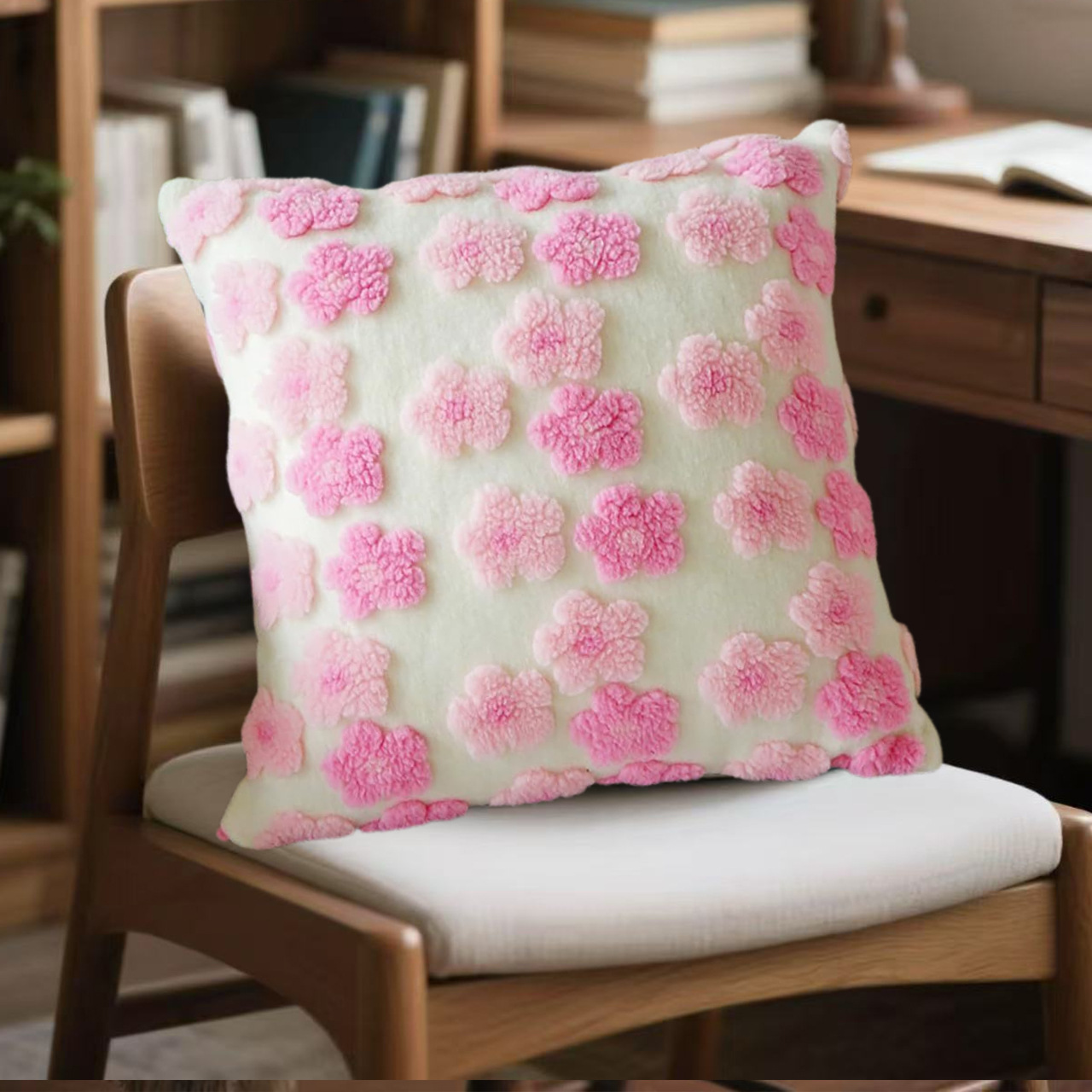 Pink Charming 3D Floral Plush Cushion Covers - Set of 4, 45x45cm Soft Faux Lambswool Pillowcases for Sofa & Bed Decor