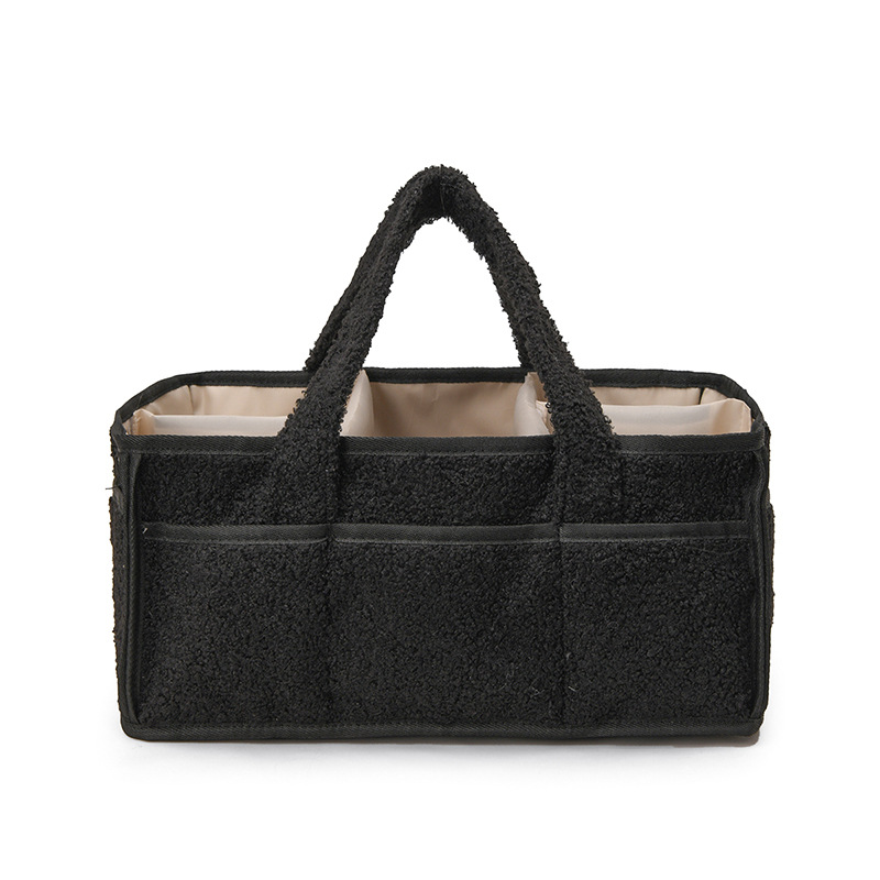 Black Large Plush Nappy Caddy Organizer - Portable Diaper Storage Bin & Nursery Tote Bag