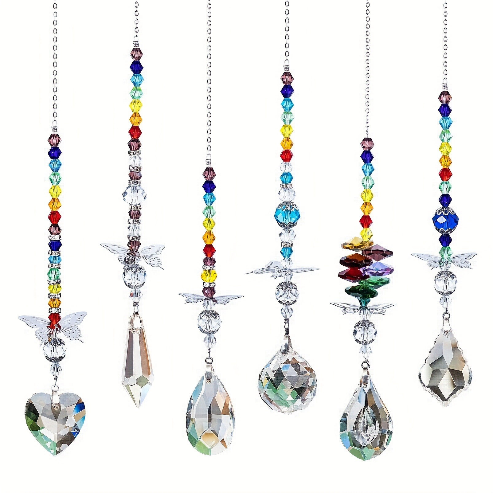 Set of 6 Crystal Suncatcher Hanging Ornaments - Butterfly Star Moon Prism Window Decor