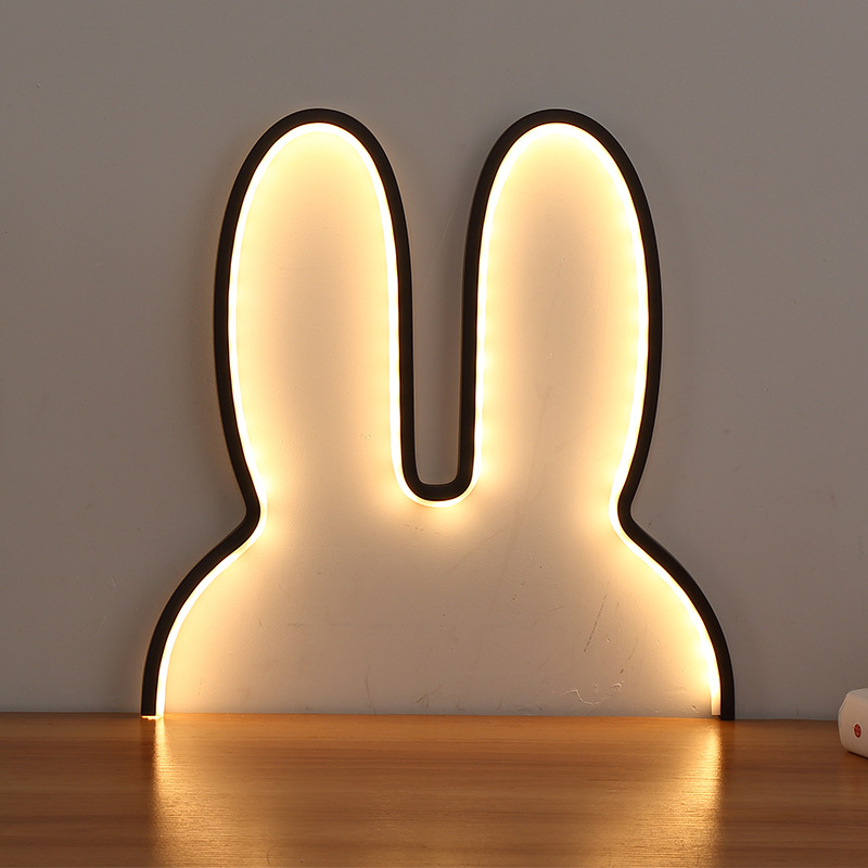 Black 40x30cm Adorable Bunny LED Wall Night Light - USB Powered Warm White Lamp for Kids Room Decor
