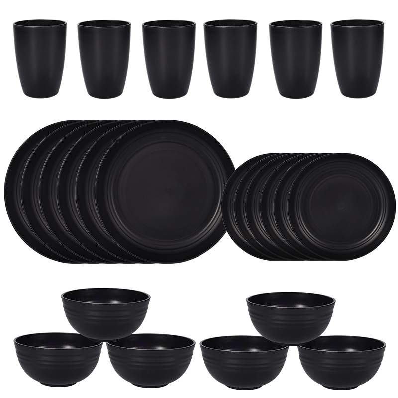 Stylish Black Wheat Straw Dinnerware Set - 24 Pieces Including Plates, Bowls & Cups