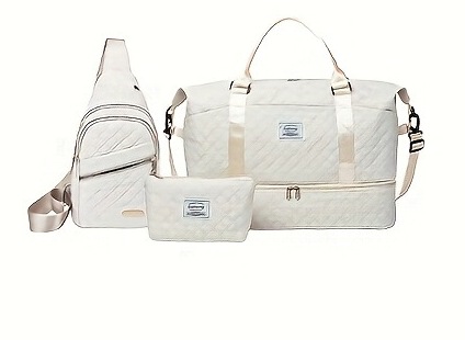 Beige Stylish 3-Piece Quilted Travel Bag Set - Weekender Duffel with Shoe Compartment, Sling Bag & Cosmetic Pouch