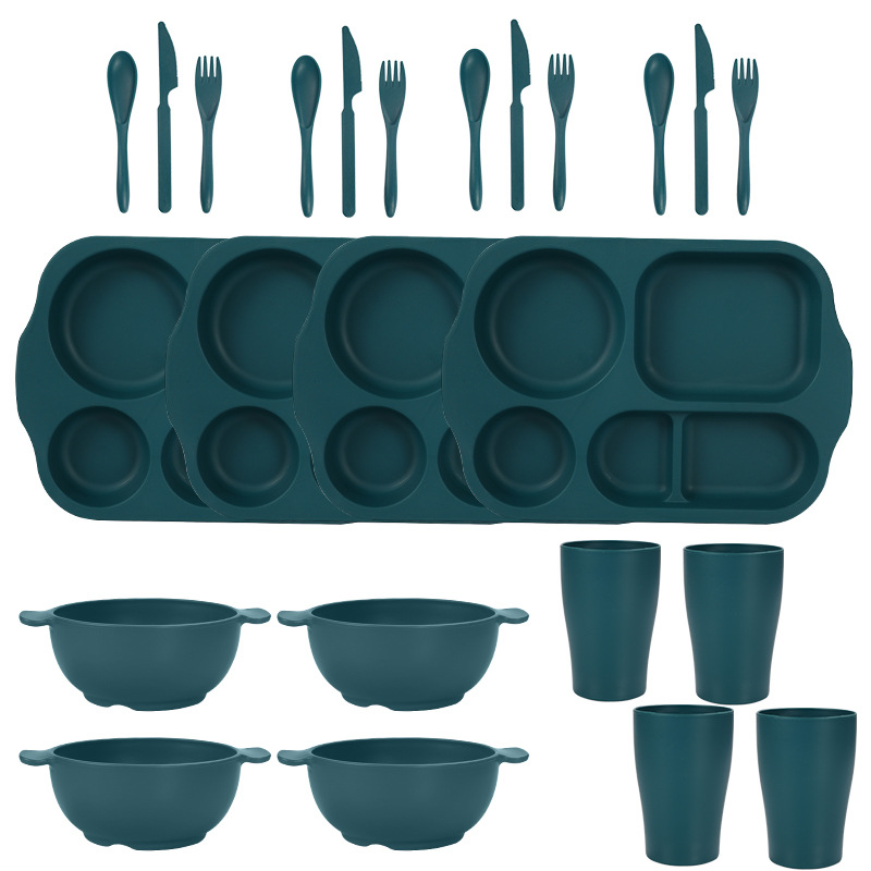 Dark Green Durable Eco-Friendly Wheat Straw Dinnerware Set - 24 Pieces with Plates, Bowls, Cups & Cutlery