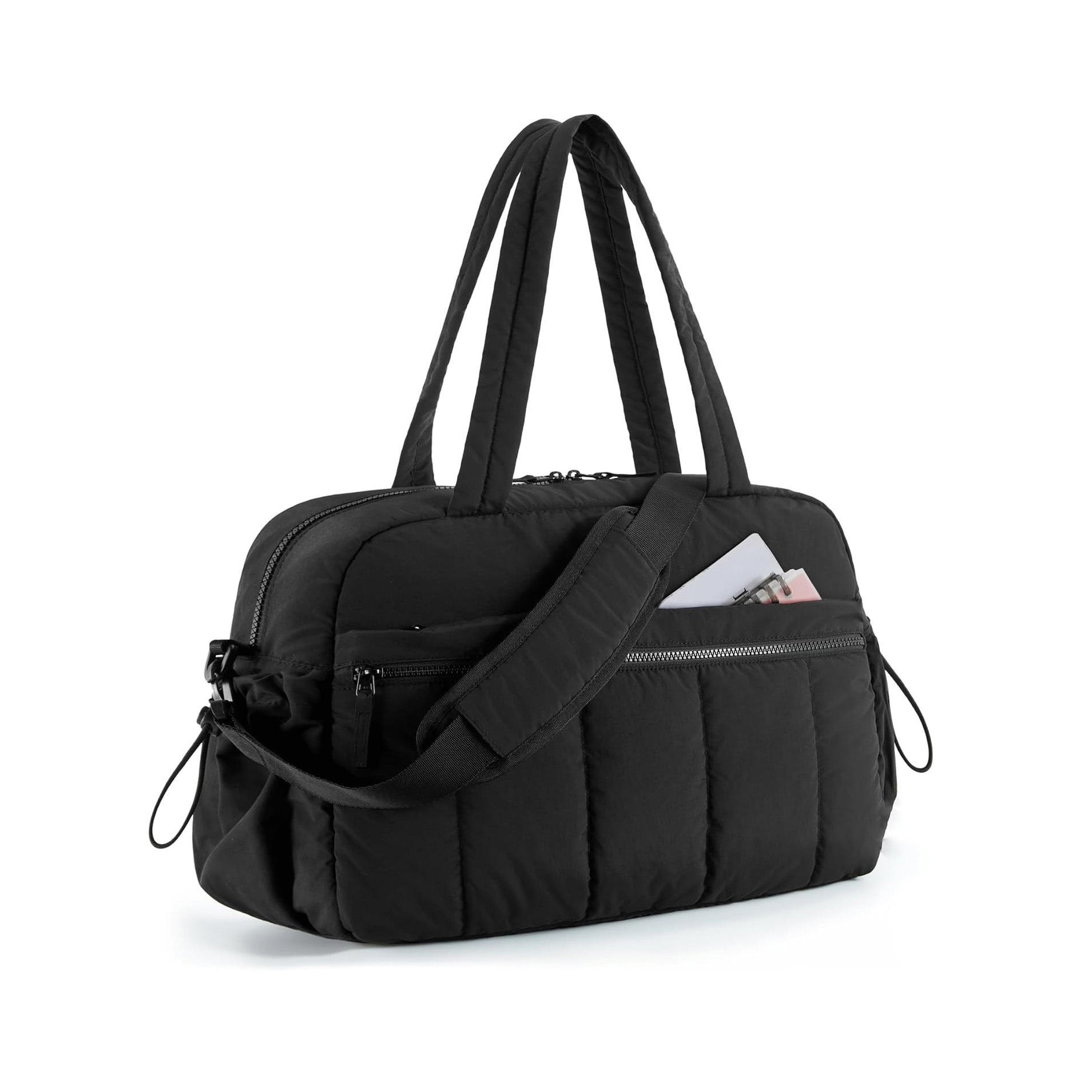 Black Large Capacity Quilted Travel Tote Bag - Waterproof Gym Duffel with Wet Pocket (42x19x30cm)