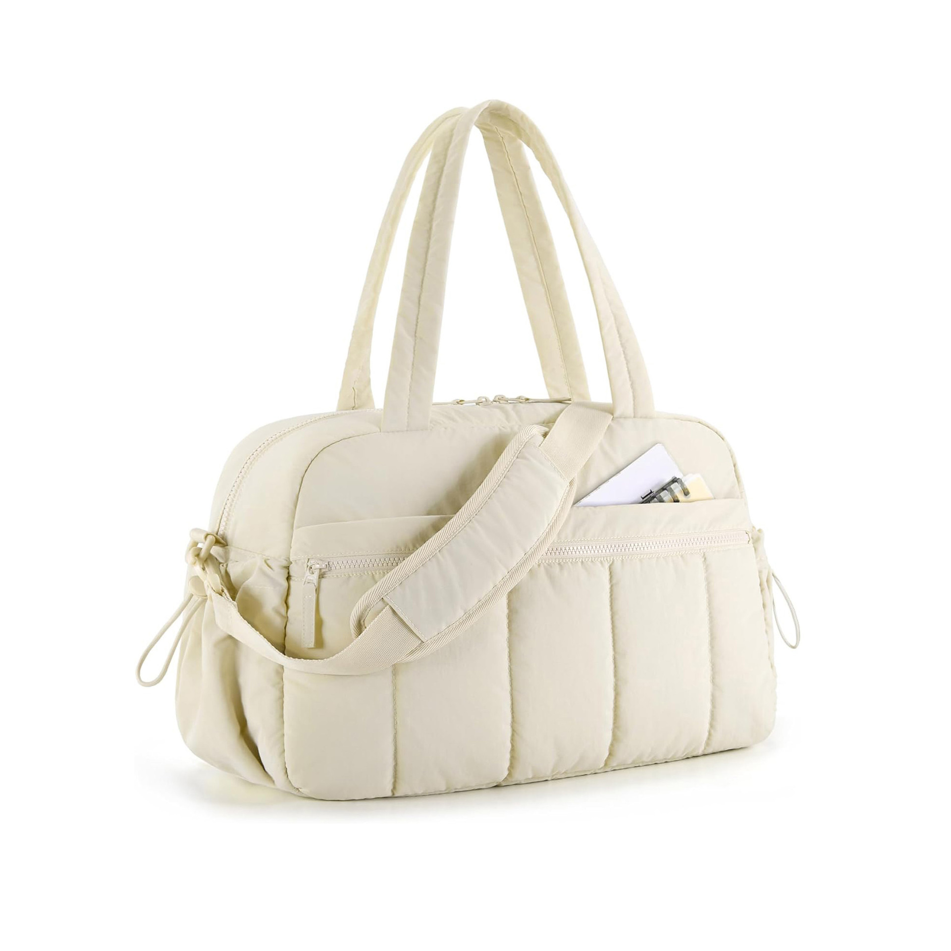 White Large Capacity Quilted Travel Tote Bag - Waterproof Gym Duffel with Wet Pocket (42x19x30cm)
